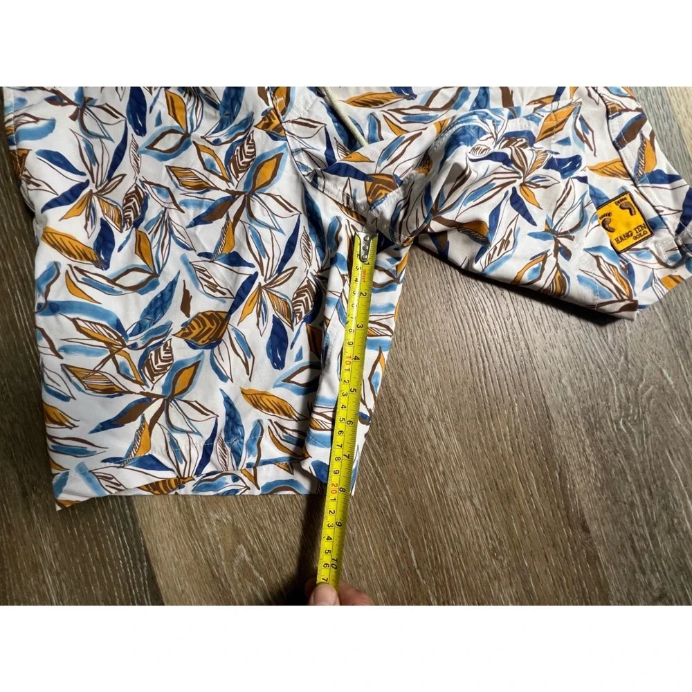 Hang Ten Gold Swim Trunks Mens Medium White Tropical Leaf Print Excellent Shorts